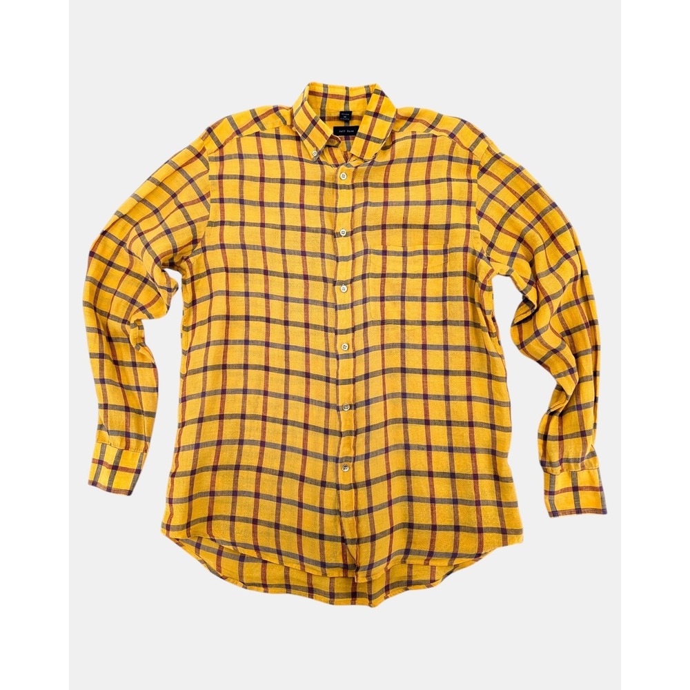 Jeff Rose 100% Linen Plaid Button Up Shirt Made in‎ Italy Men's Medium Yellow
